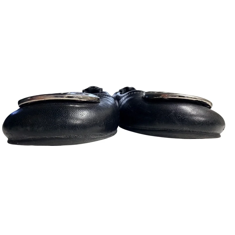 Tory Burch Reva Ballet Flats Black Leather Gold Logo Round Toe Women's 7‎